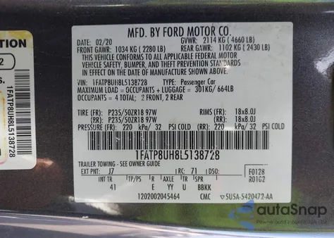 2020 Ford Mustang Ecoboost Premium z USA, uszkodzony, nr VIN 1FATP8UH8L5138728